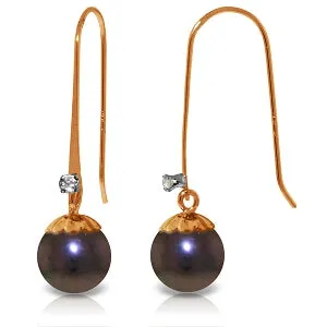 14K Solid Rose Gold Fish Hook Earrings w/ Diamond & Black Pearls