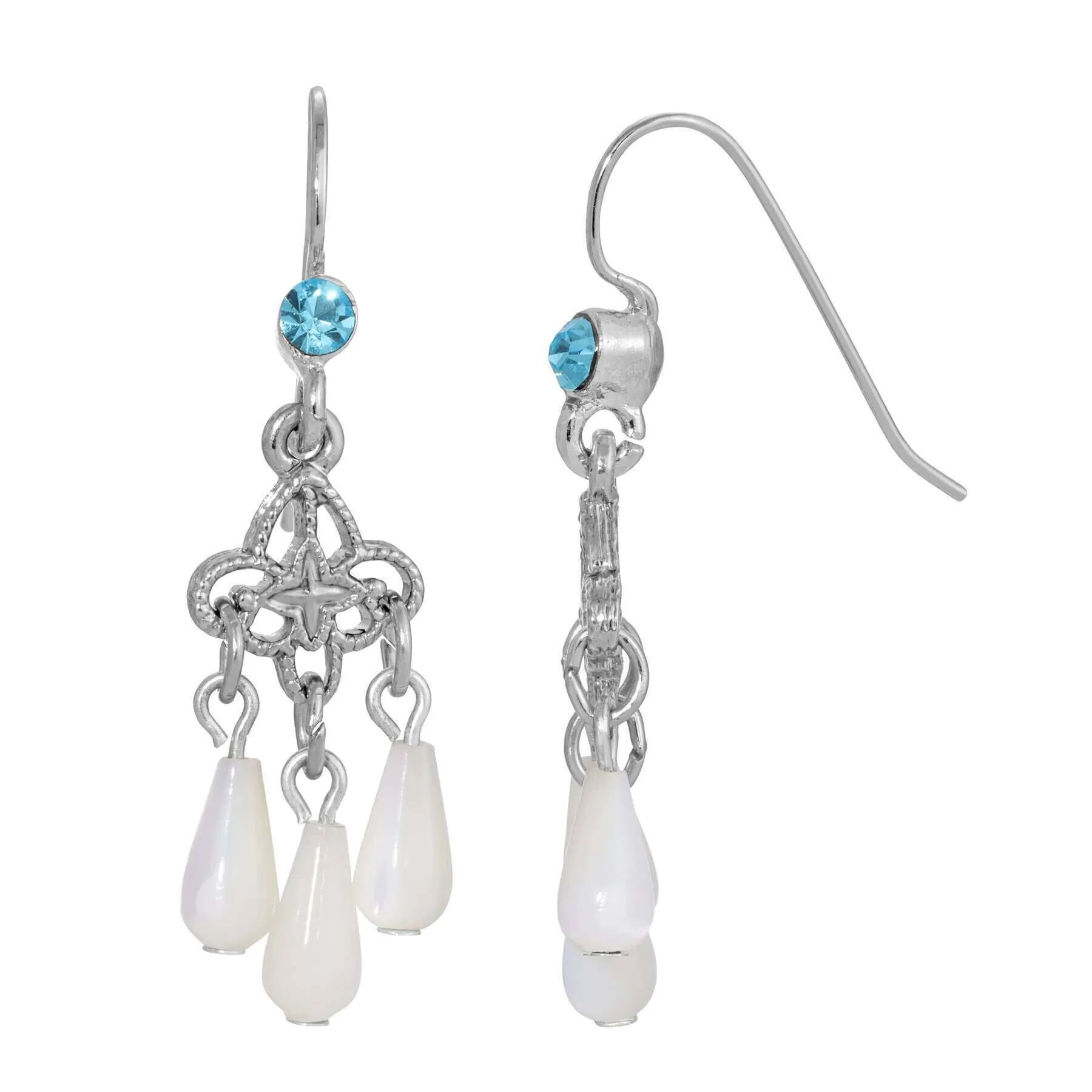 1928 Jewelry Aquamarine Crystal Mother Of Pearl Chandelier Earrings