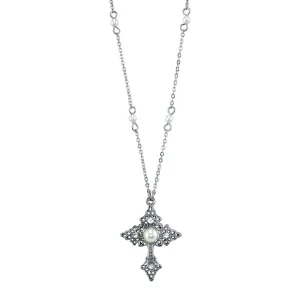 1928 Jewelry Filigree Cross With Faux Pearl Crystal Accent Pendant Necklace 16"   3" Extender