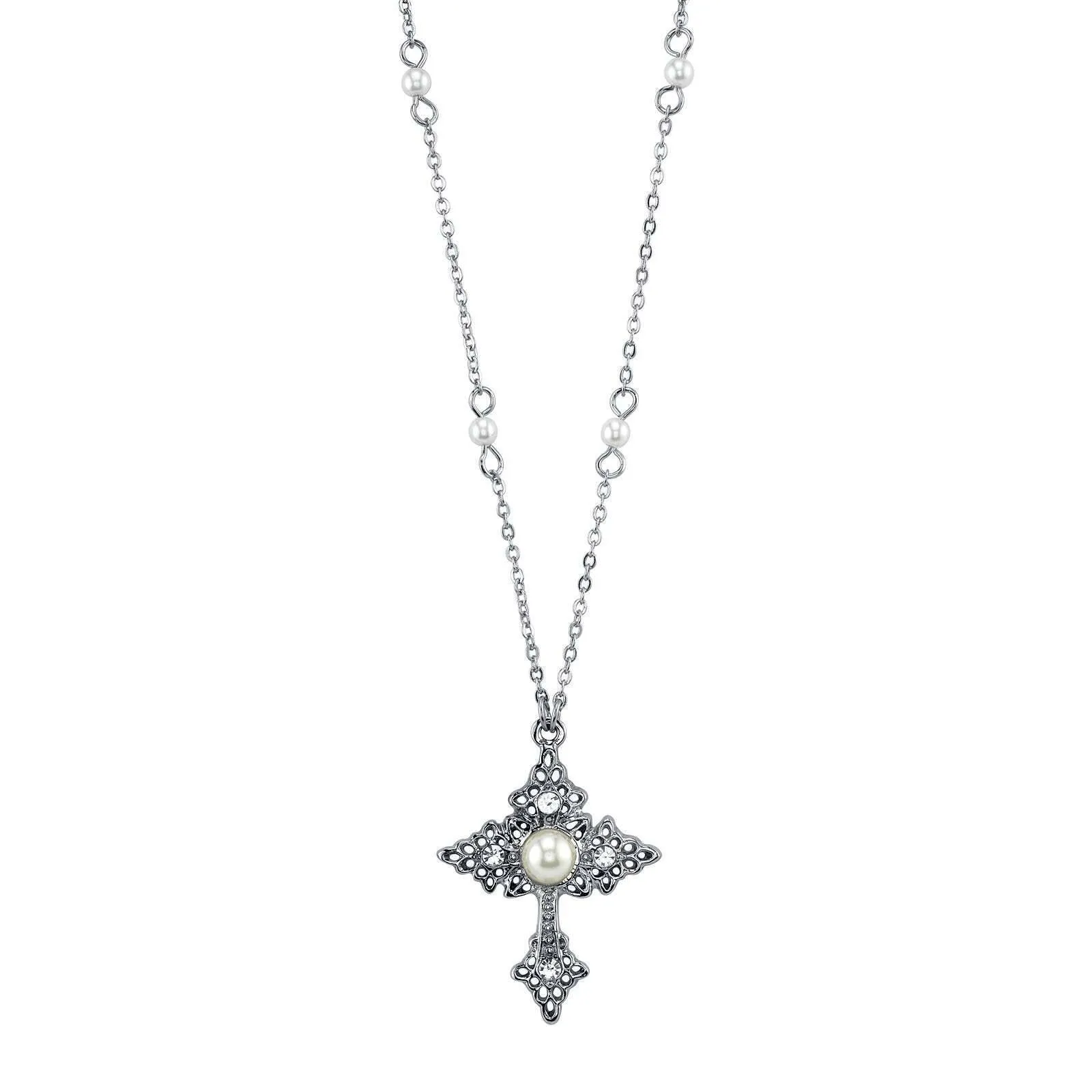 1928 Jewelry Filigree Cross With Faux Pearl Crystal Accent Pendant Necklace 16"   3" Extender