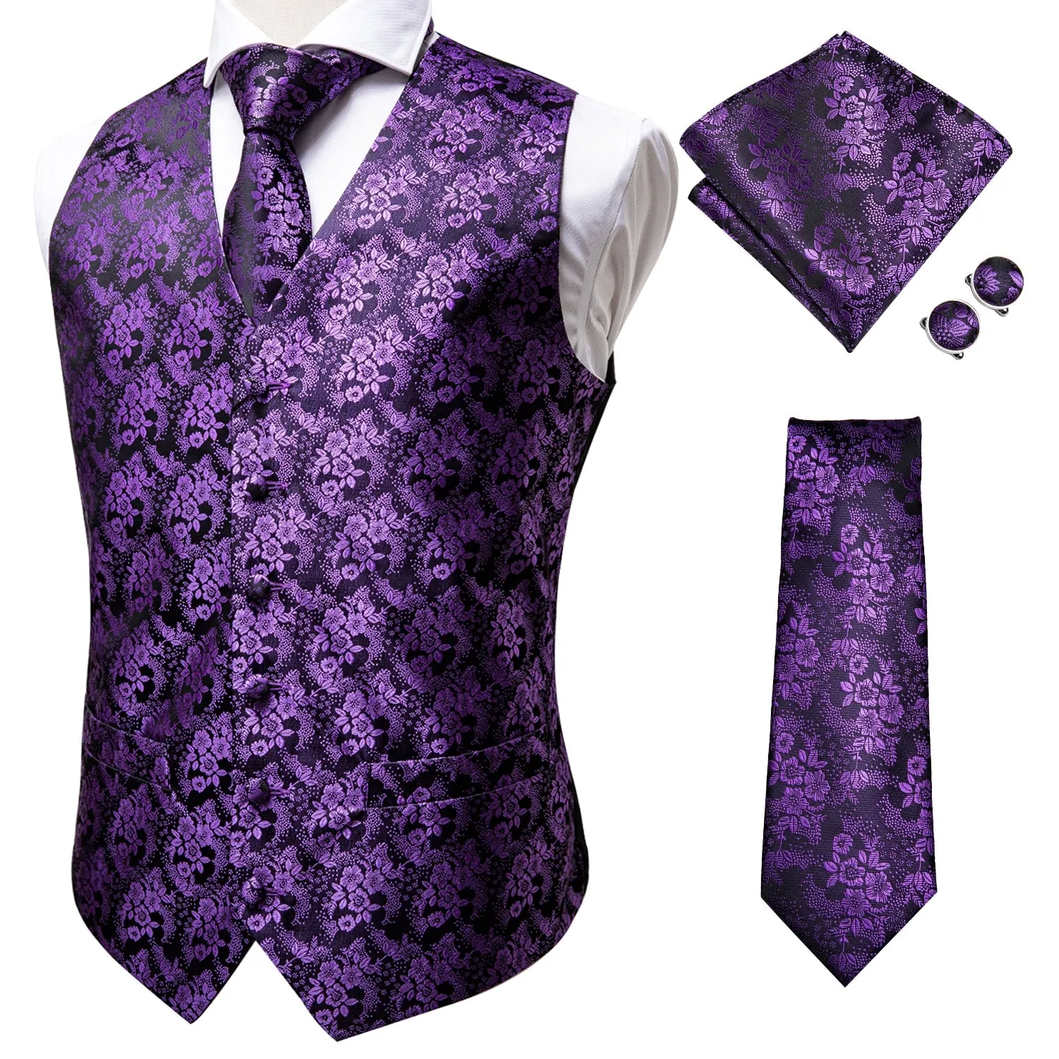 4Piece Mens Vest for Suit Luxury Paisley Floral Plaid Suit Silk Vest and Tie Set Blue Gold Red Sliver Wedding Vest