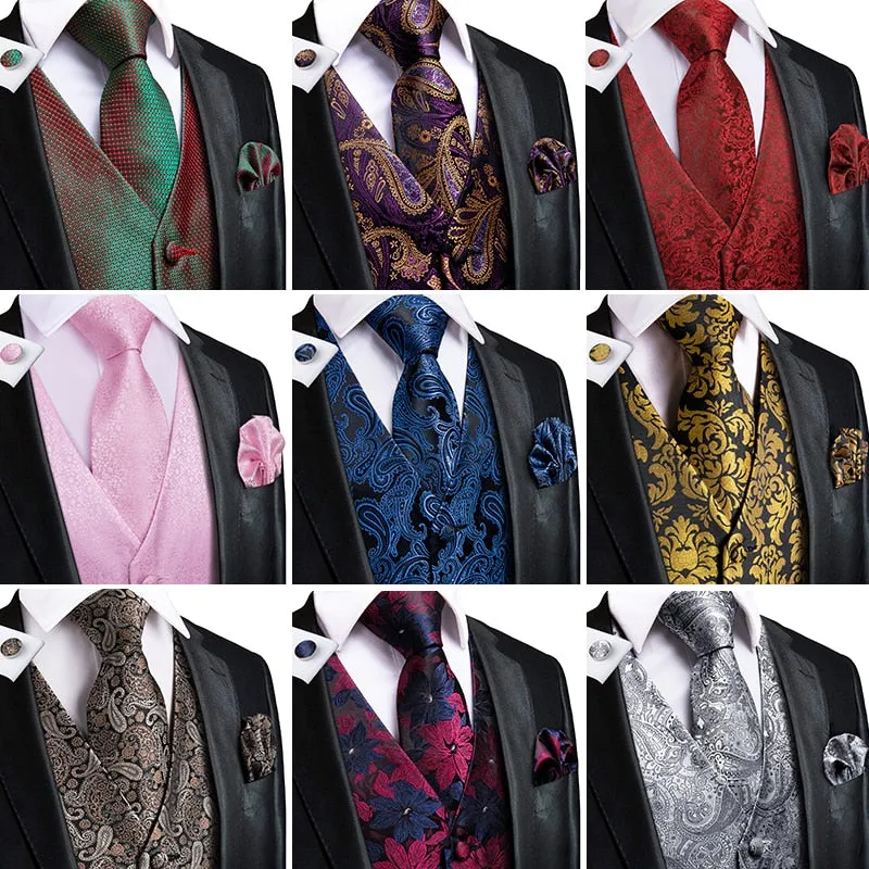 4Piece Mens Vest for Suit Luxury Paisley Floral Plaid Suit Silk Vest and Tie Set Blue Gold Red Sliver Wedding Vest