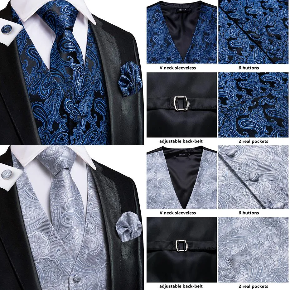 4Piece Mens Vest for Suit Luxury Paisley Floral Plaid Suit Silk Vest and Tie Set Blue Gold Red Sliver Wedding Vest