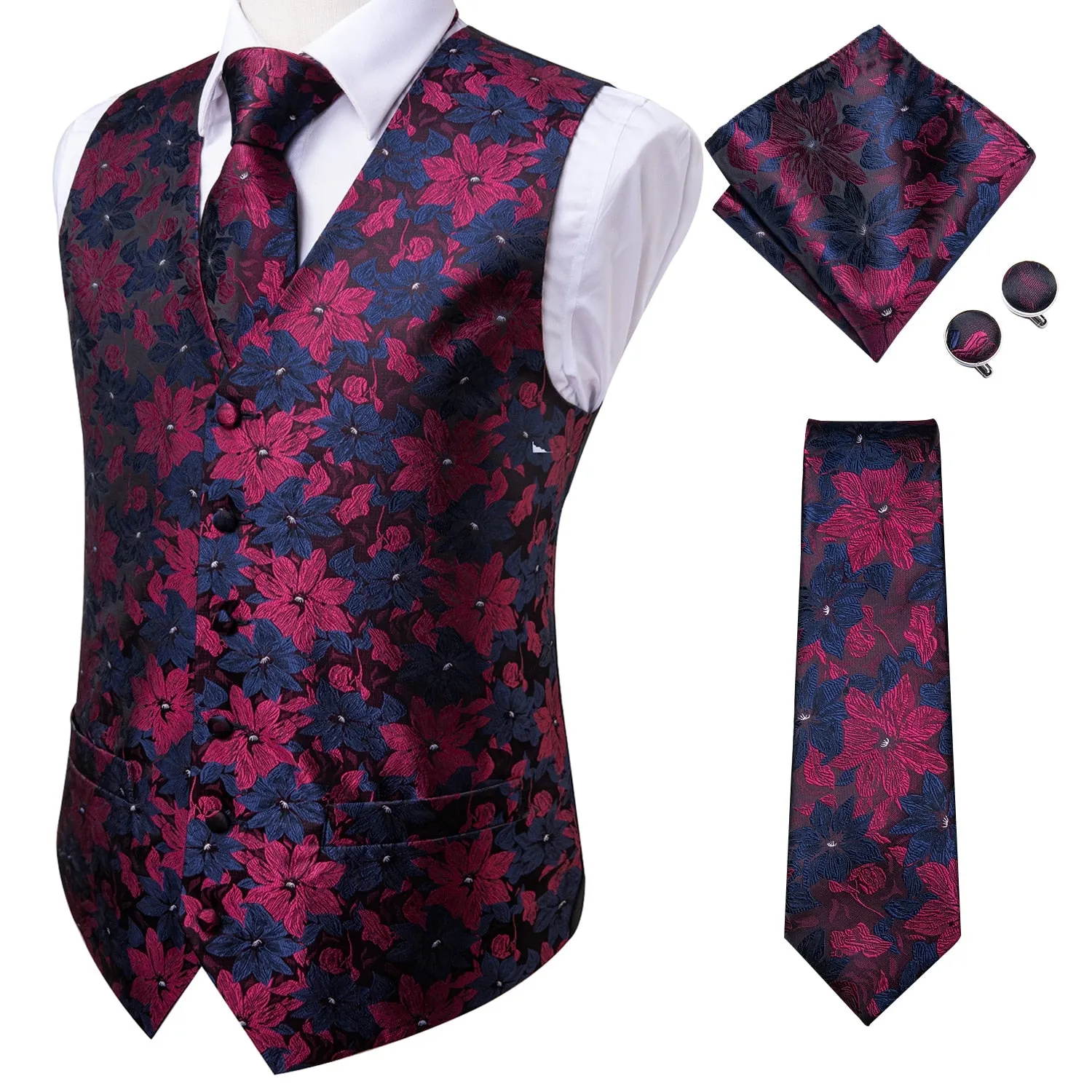 4Piece Mens Vest for Suit Luxury Paisley Floral Plaid Suit Silk Vest and Tie Set Blue Gold Red Sliver Wedding Vest