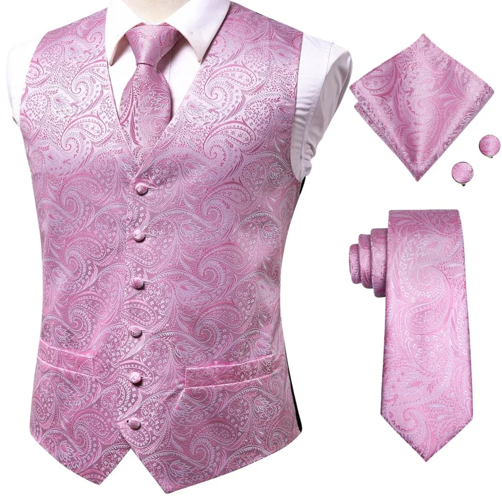 4Piece Mens Vest for Suit Luxury Paisley Floral Plaid Suit Silk Vest and Tie Set Blue Gold Red Sliver Wedding Vest