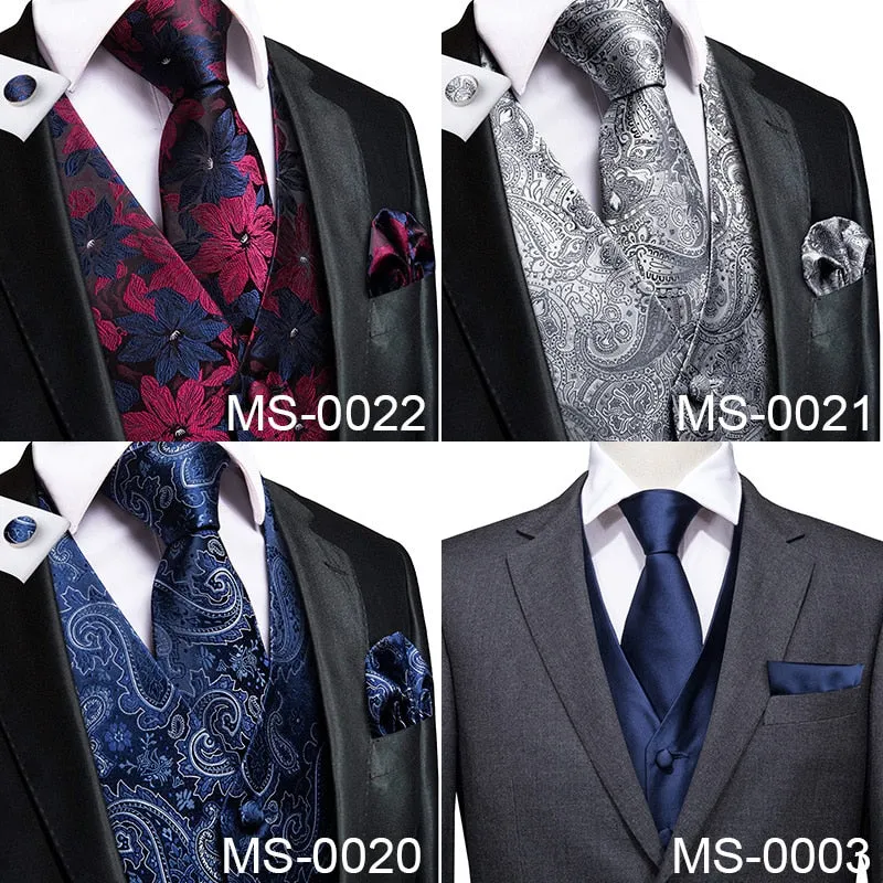 4Piece Mens Vest for Suit Luxury Paisley Floral Plaid Suit Silk Vest and Tie Set Blue Gold Red Sliver Wedding Vest