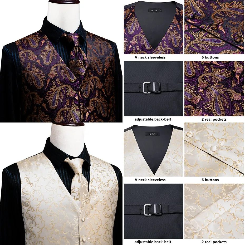 4Piece Mens Vest for Suit Luxury Paisley Floral Plaid Suit Silk Vest and Tie Set Blue Gold Red Sliver Wedding Vest