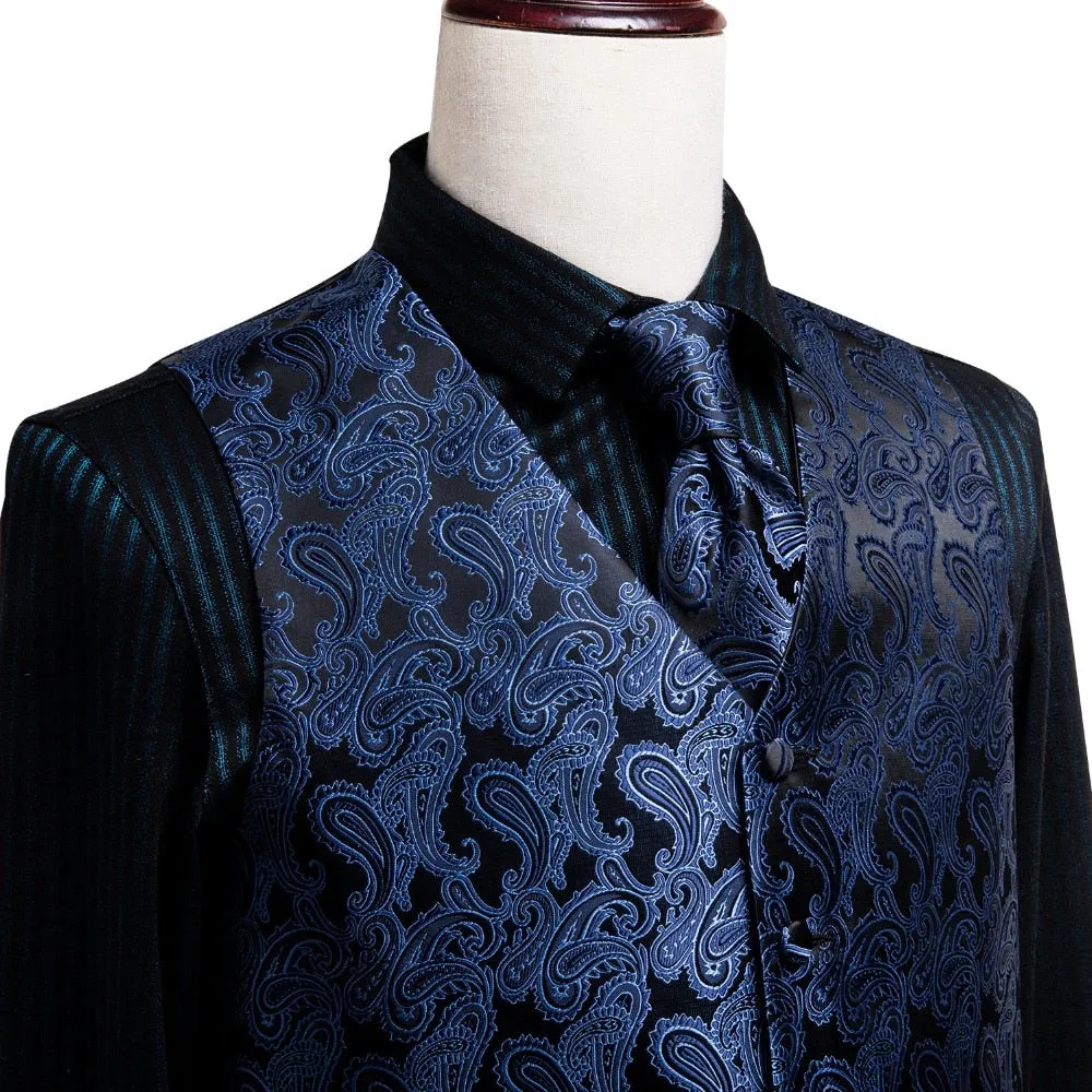 4Piece Mens Vest for Suit Luxury Paisley Floral Plaid Suit Silk Vest and Tie Set Blue Gold Red Sliver Wedding Vest