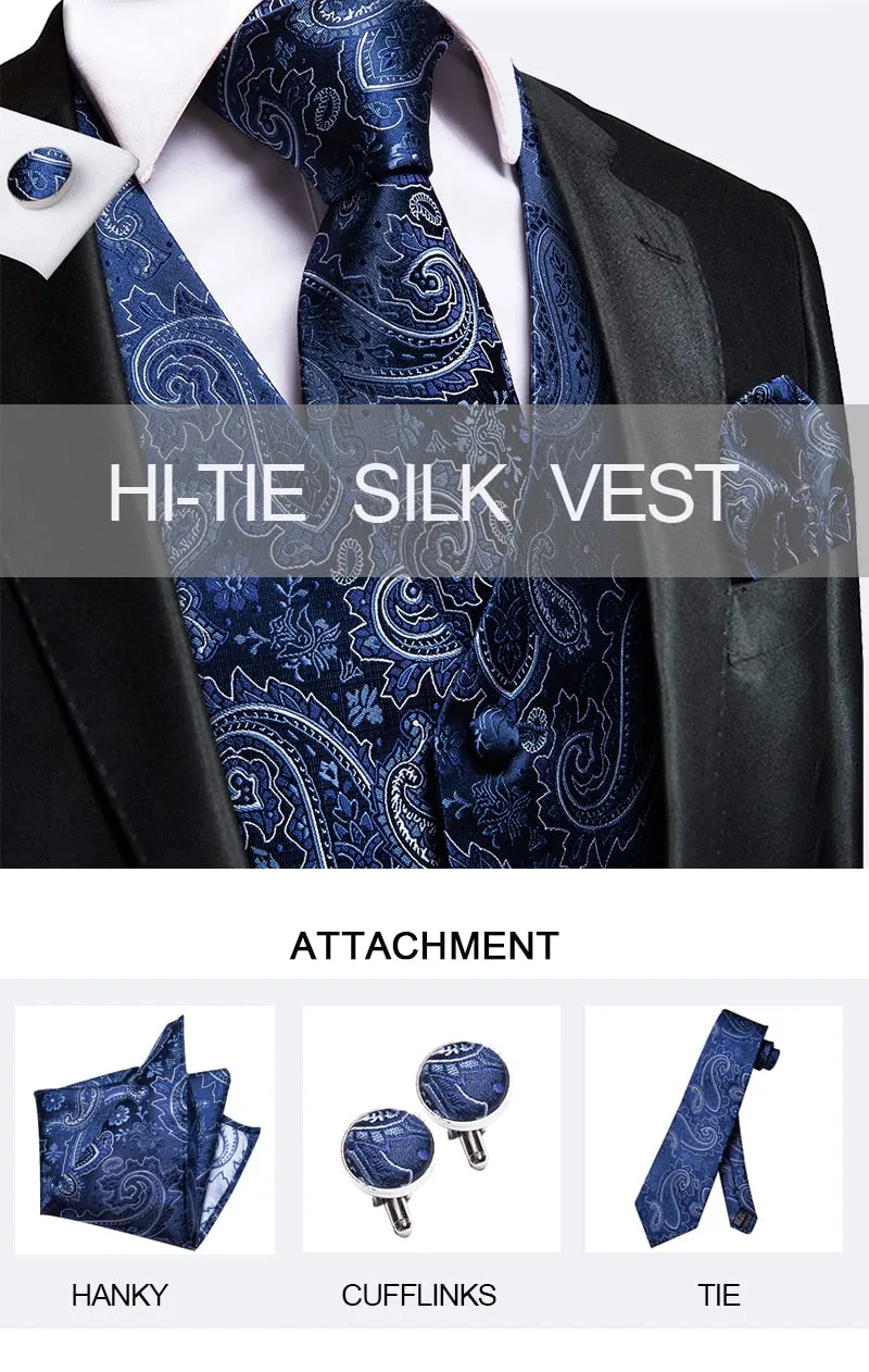 4Piece Mens Vest for Suit Luxury Paisley Floral Plaid Suit Silk Vest and Tie Set Blue Gold Red Sliver Wedding Vest