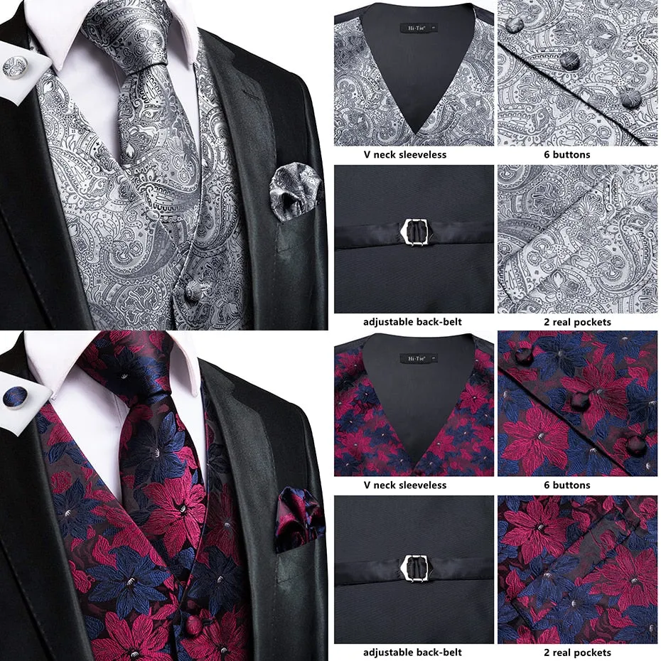 4Piece Mens Vest for Suit Luxury Paisley Floral Plaid Suit Silk Vest and Tie Set Blue Gold Red Sliver Wedding Vest