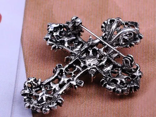 Alilang Antique Silvery Tone Multi Rhinestones Colorful Holy Cross Brooch Pin Multicolor