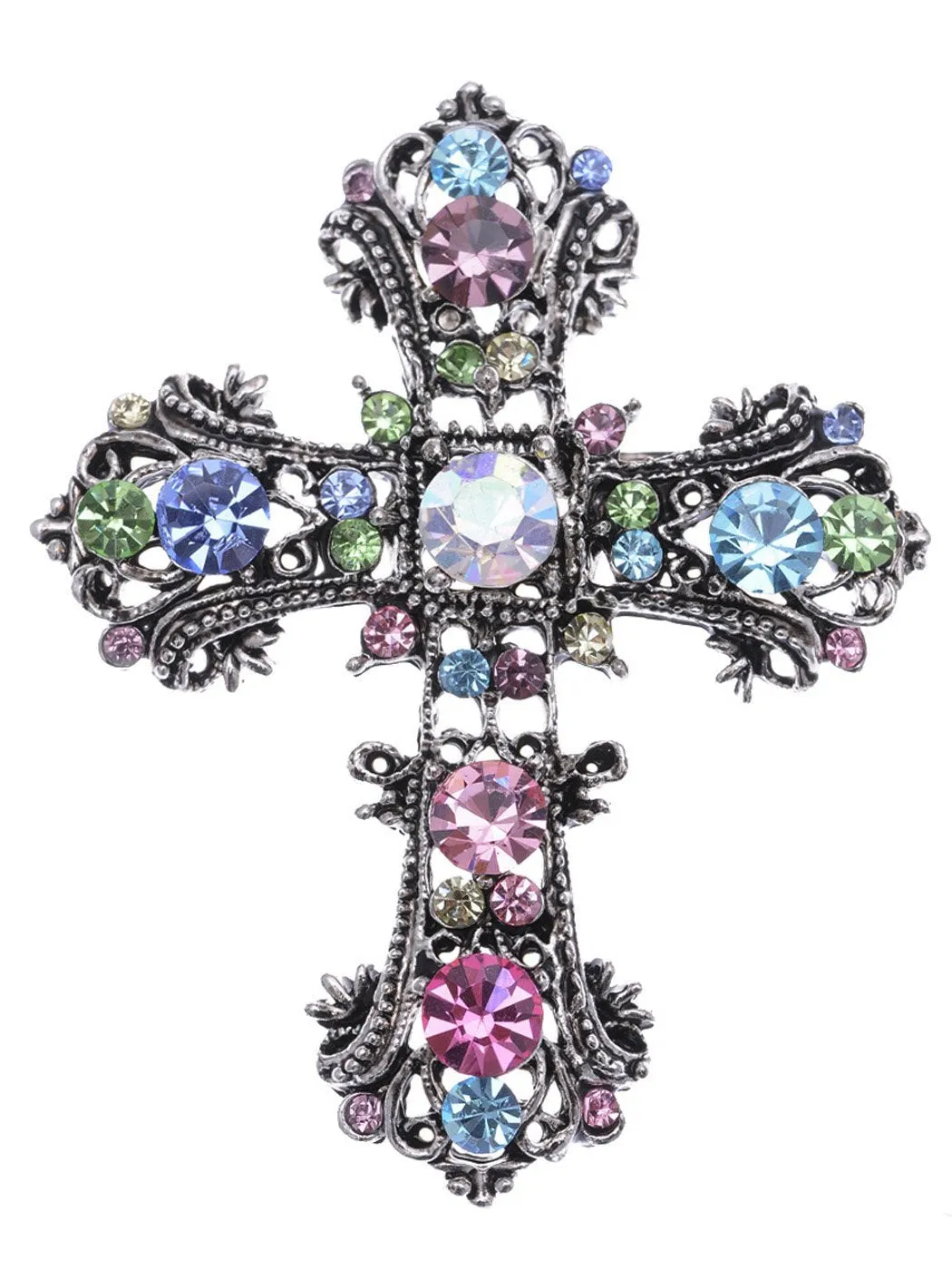 Alilang Antique Silvery Tone Multi Rhinestones Colorful Holy Cross Brooch Pin Multicolor