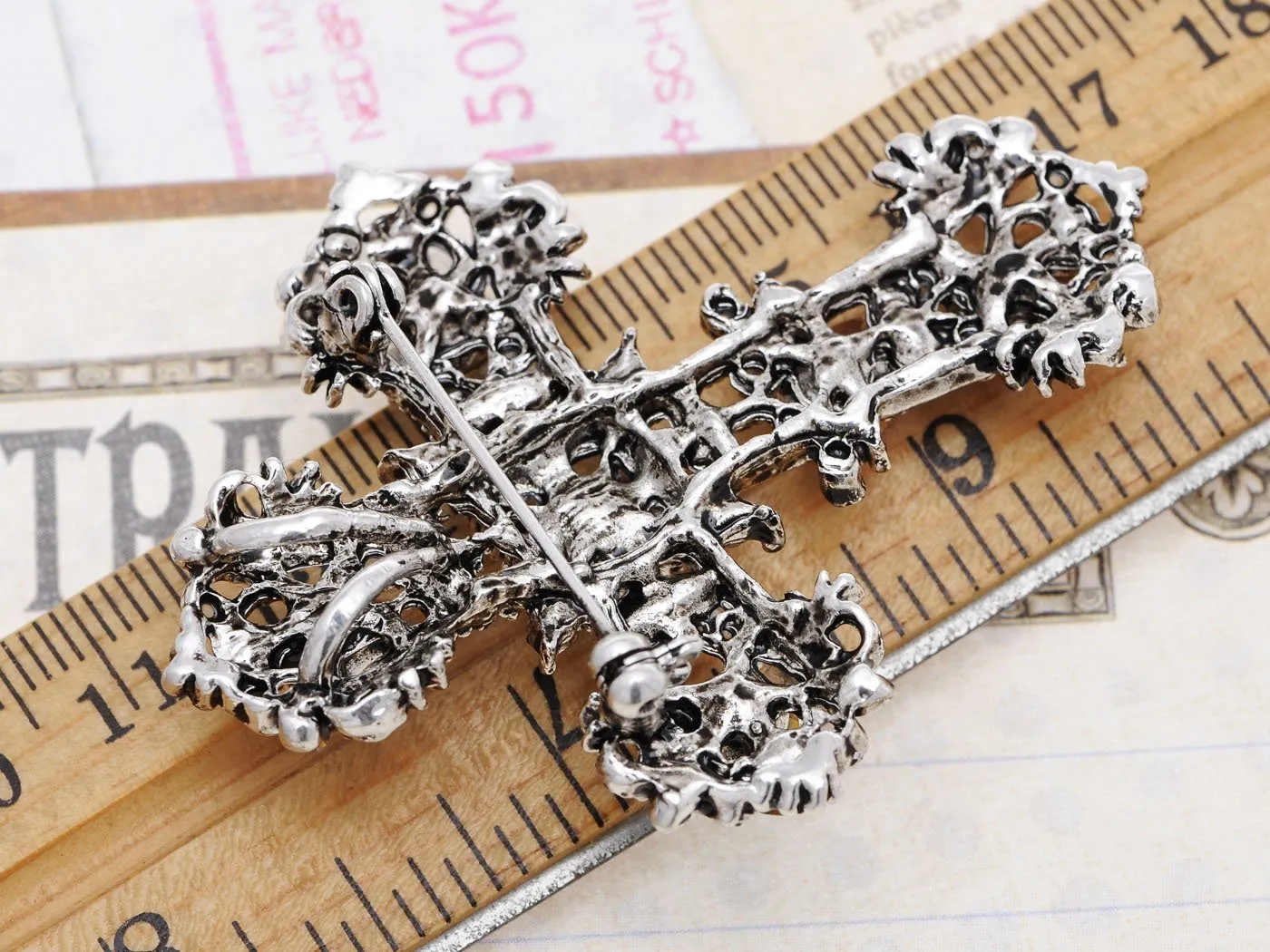 Alilang Antique Silvery Tone Multi Rhinestones Colorful Holy Cross Brooch Pin Multicolor