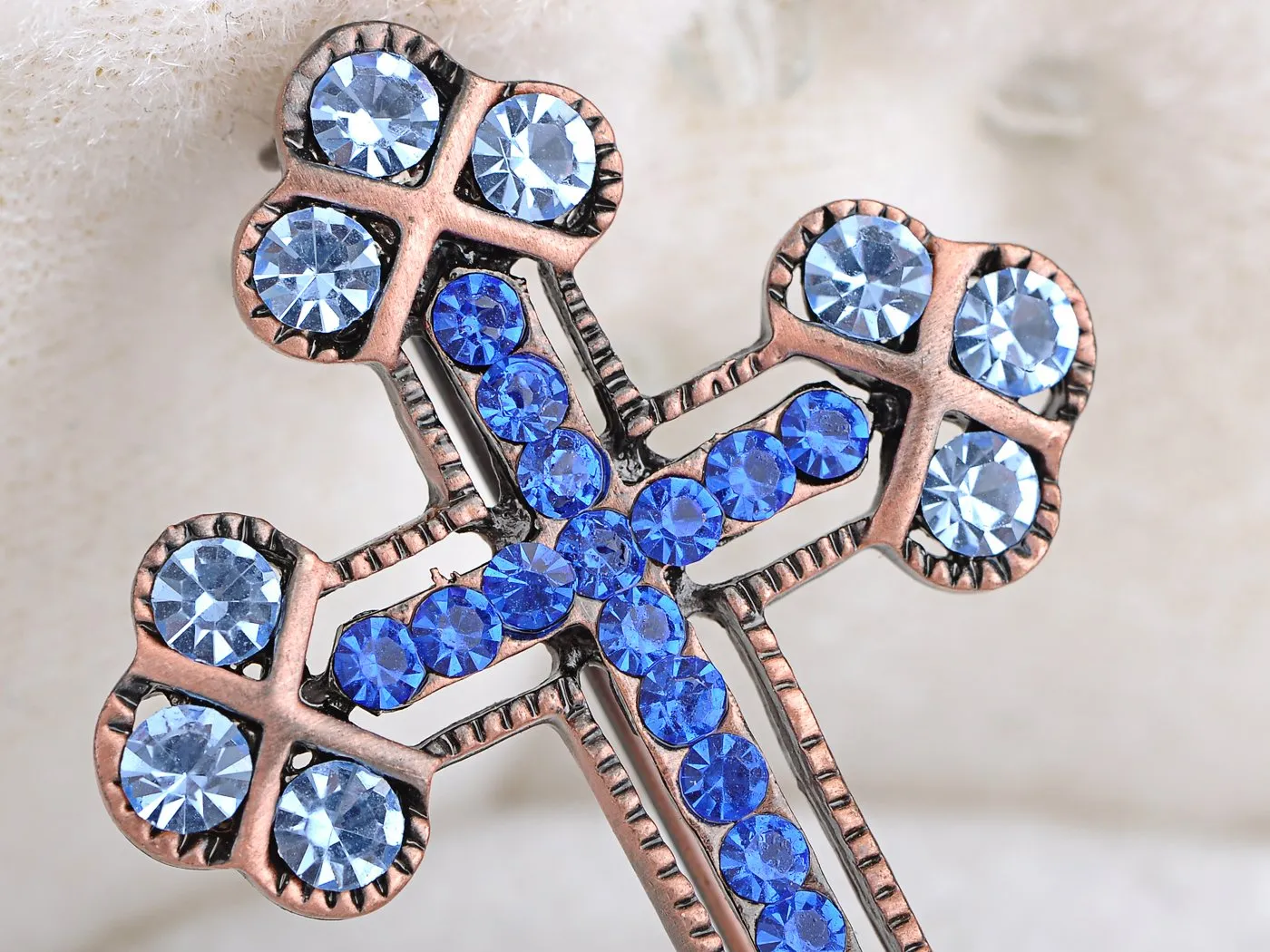 Alilang Copper Tone Sapphire Blue Colored Rhinestones Holy Cross Brooch Pin