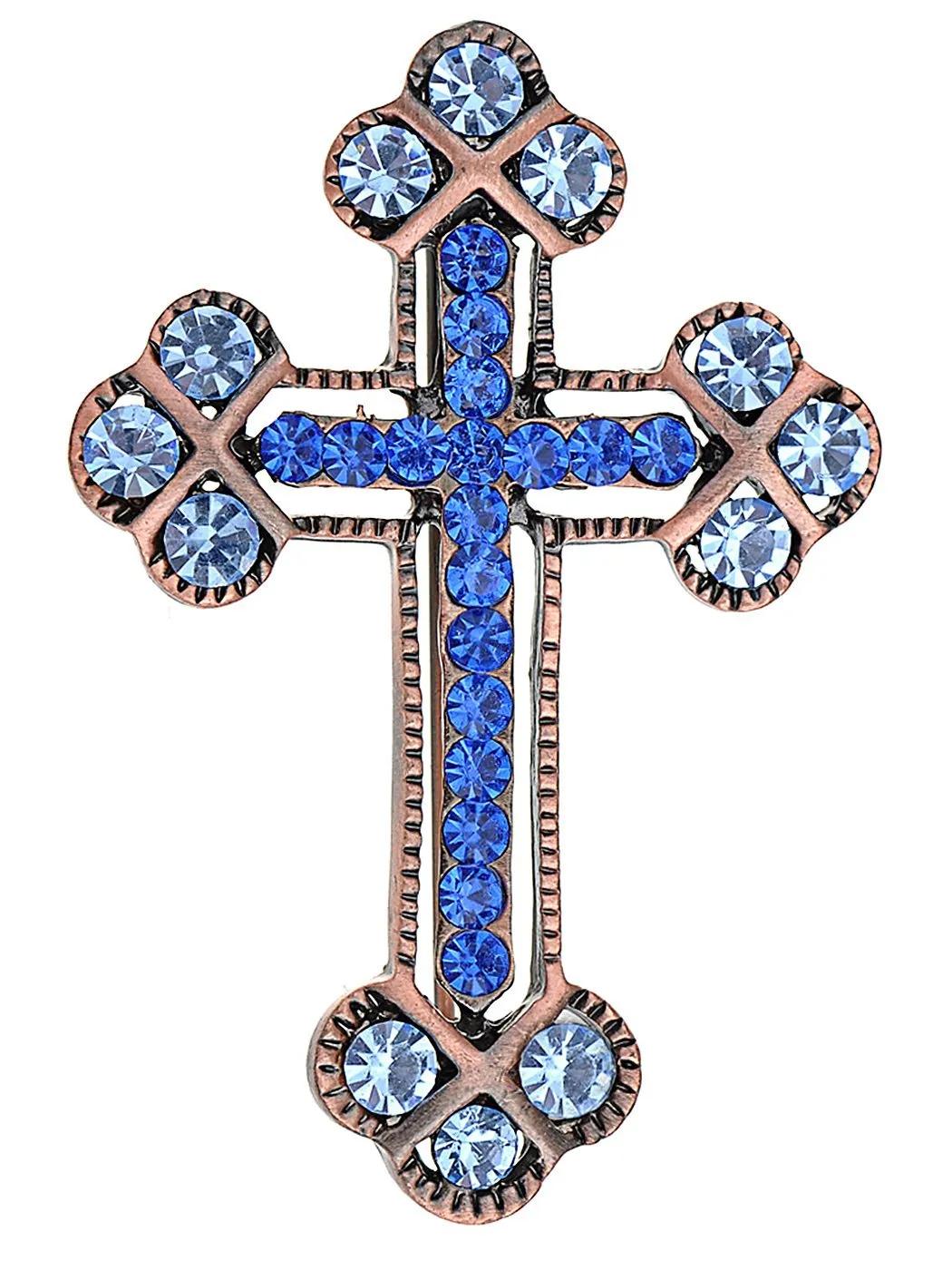 Alilang Copper Tone Sapphire Blue Colored Rhinestones Holy Cross Brooch Pin