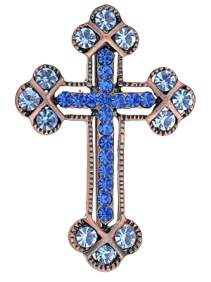 Alilang Copper Tone Sapphire Blue Colored Rhinestones Holy Cross Brooch Pin