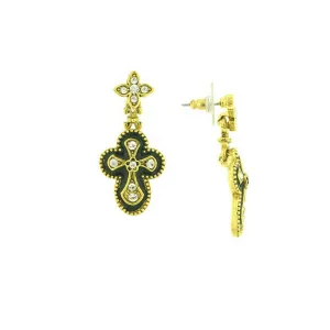 Antiquities Couture Crystal And Black Enamel Gothic Cross Drop Earrings