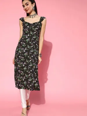 Berrylush Women Black & Green Floral Printed Sweetheart Neck Side Slited Midi Kurta