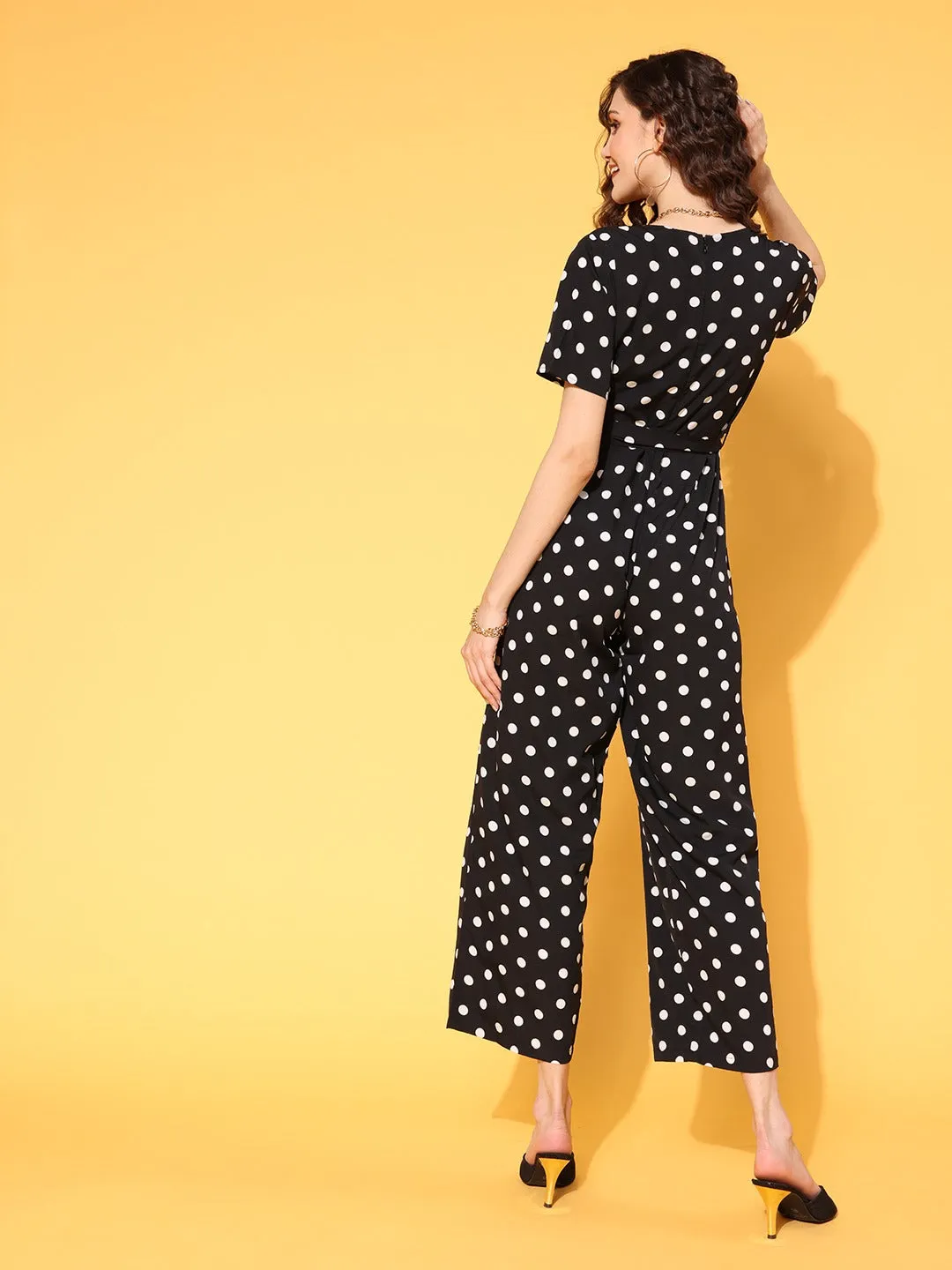 Berrylush Women Black & White Polka Dot Printed Shawl Neck Culotte Jumpsuit