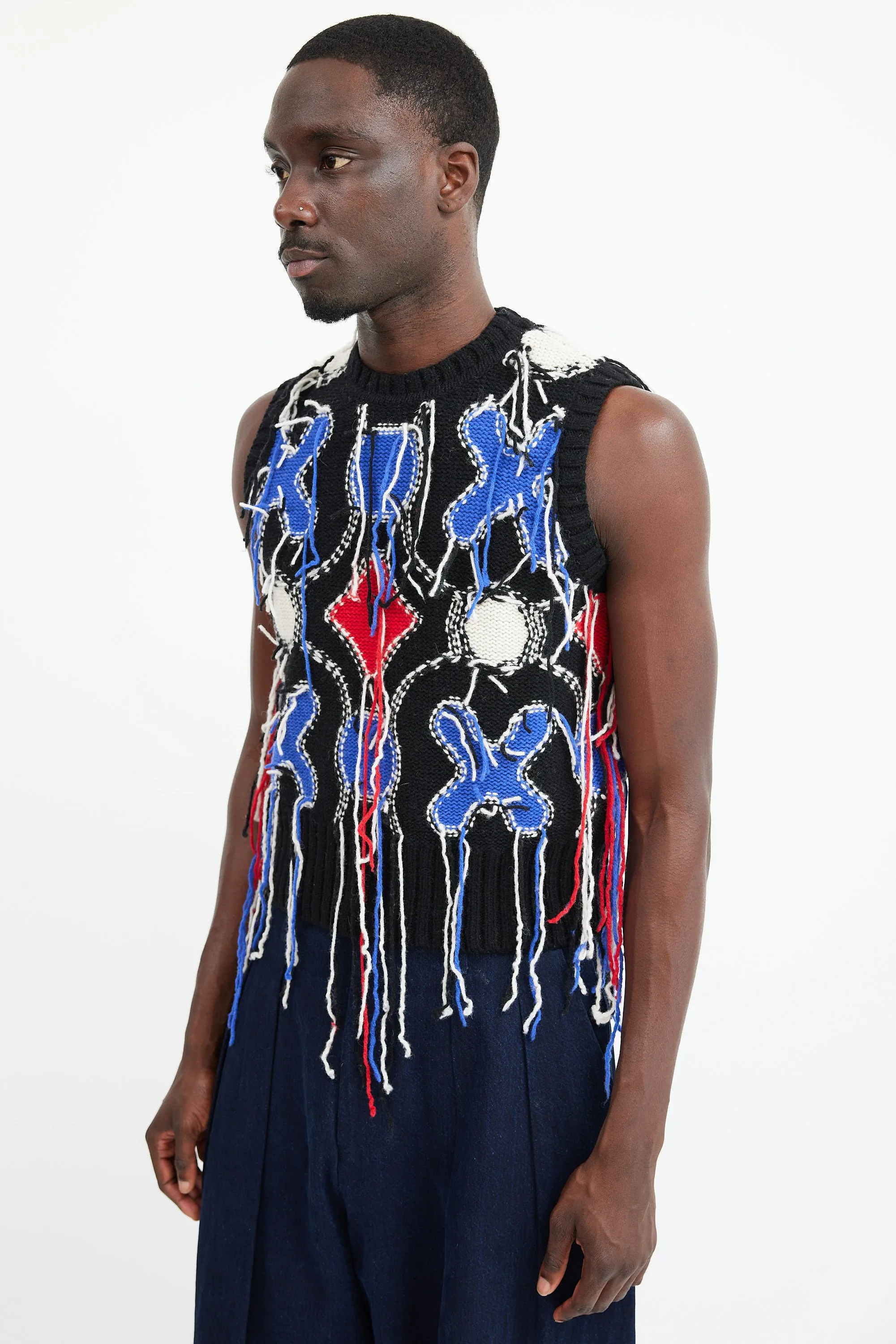 Black & Multicolour Wool Fringe Knit Vest