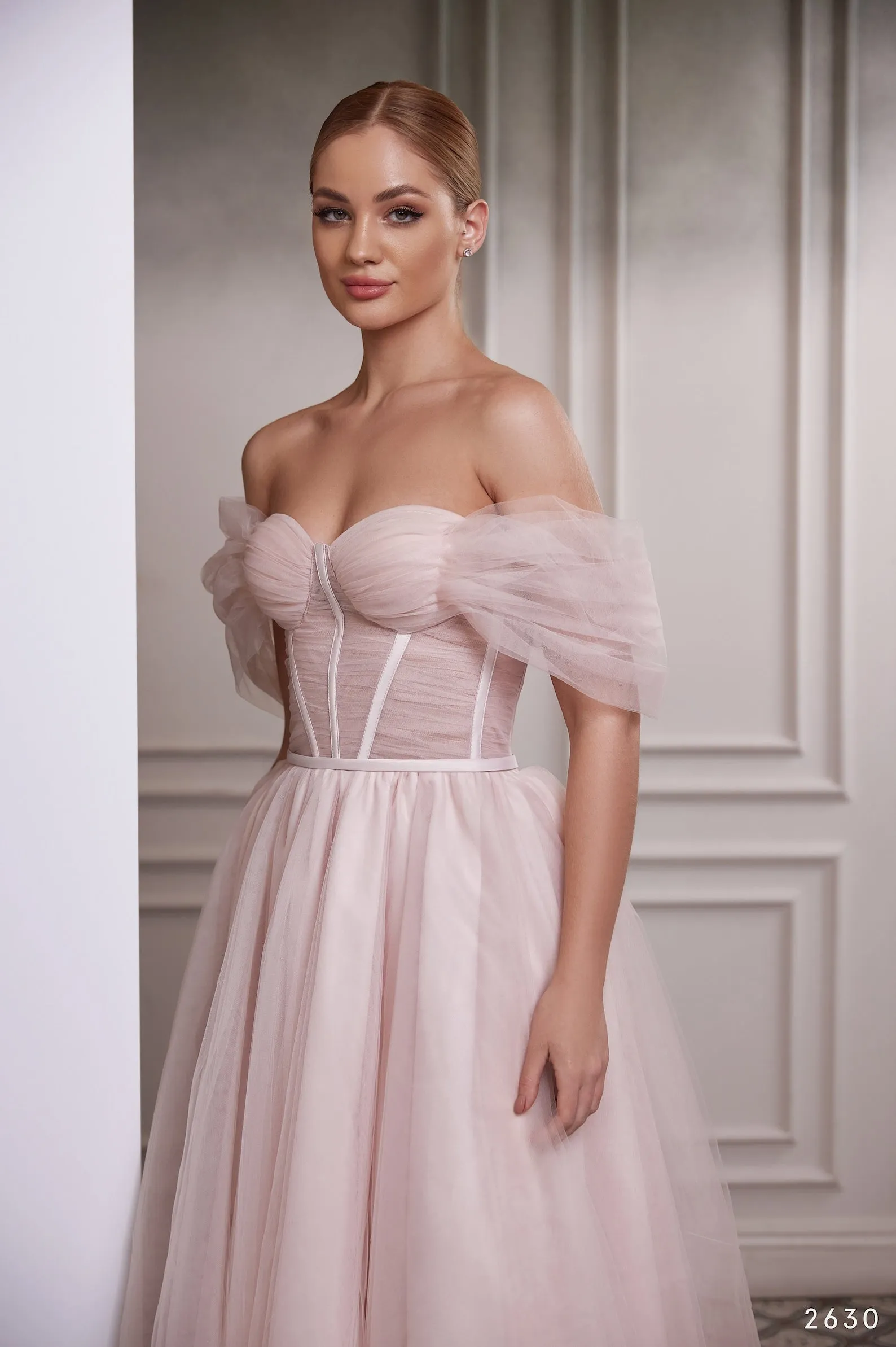 Blush Tulle Off Shoulder Corset Dress, Black Tulle Corset Gown