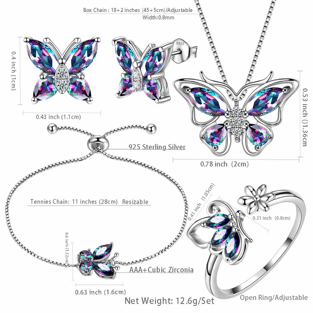 Butterfly Rainbow Mystic Topaz Jewelry Sets 5PCS Women Girls Gift Sterling Silver