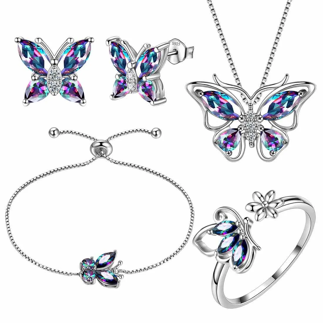 Butterfly Rainbow Mystic Topaz Jewelry Sets 5PCS Women Girls Gift Sterling Silver