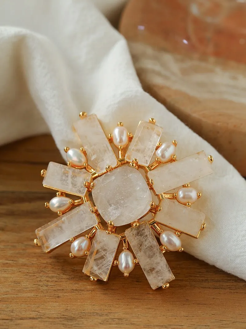 Crystal Cross Brooch & Sunflower Pearl Brooch