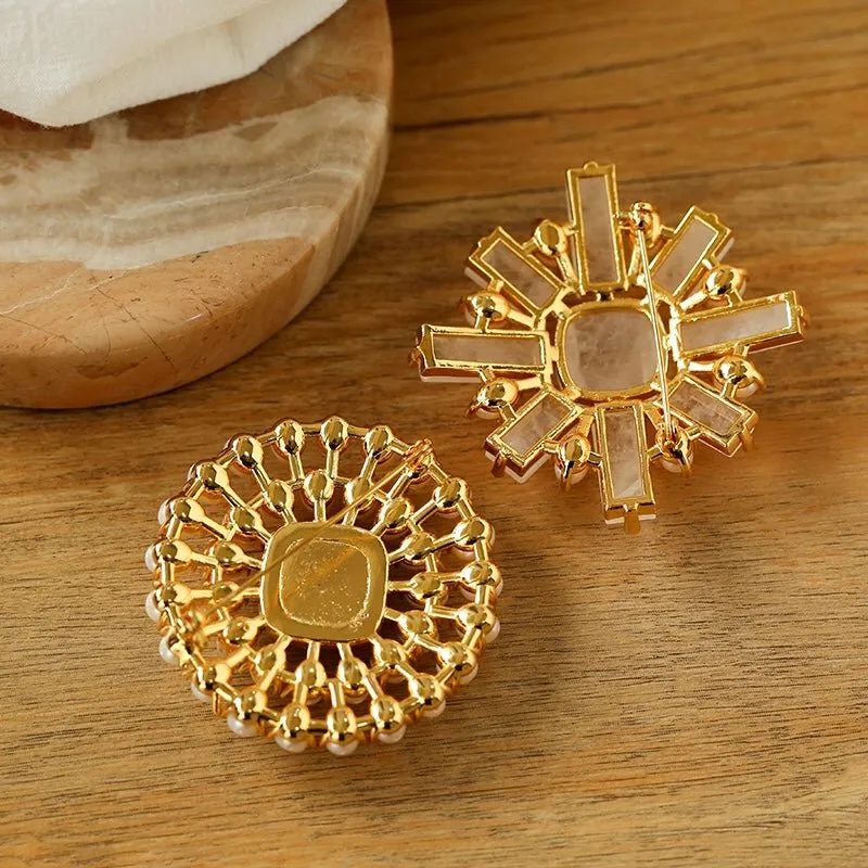 Crystal Cross Brooch & Sunflower Pearl Brooch