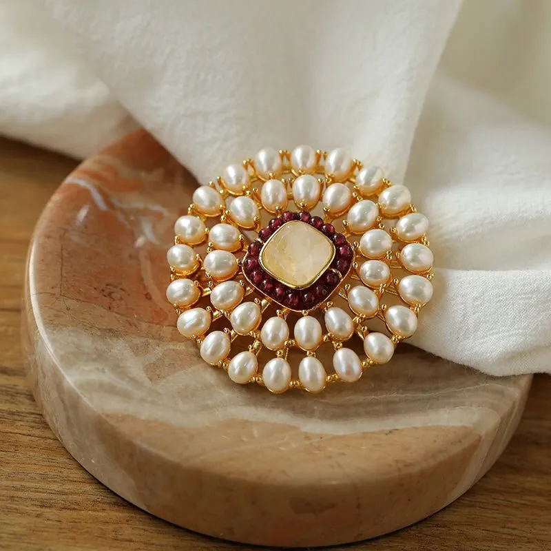 Crystal Cross Brooch & Sunflower Pearl Brooch