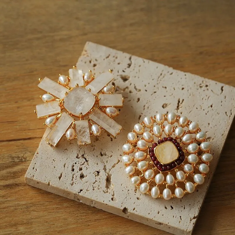 Crystal Cross Brooch & Sunflower Pearl Brooch