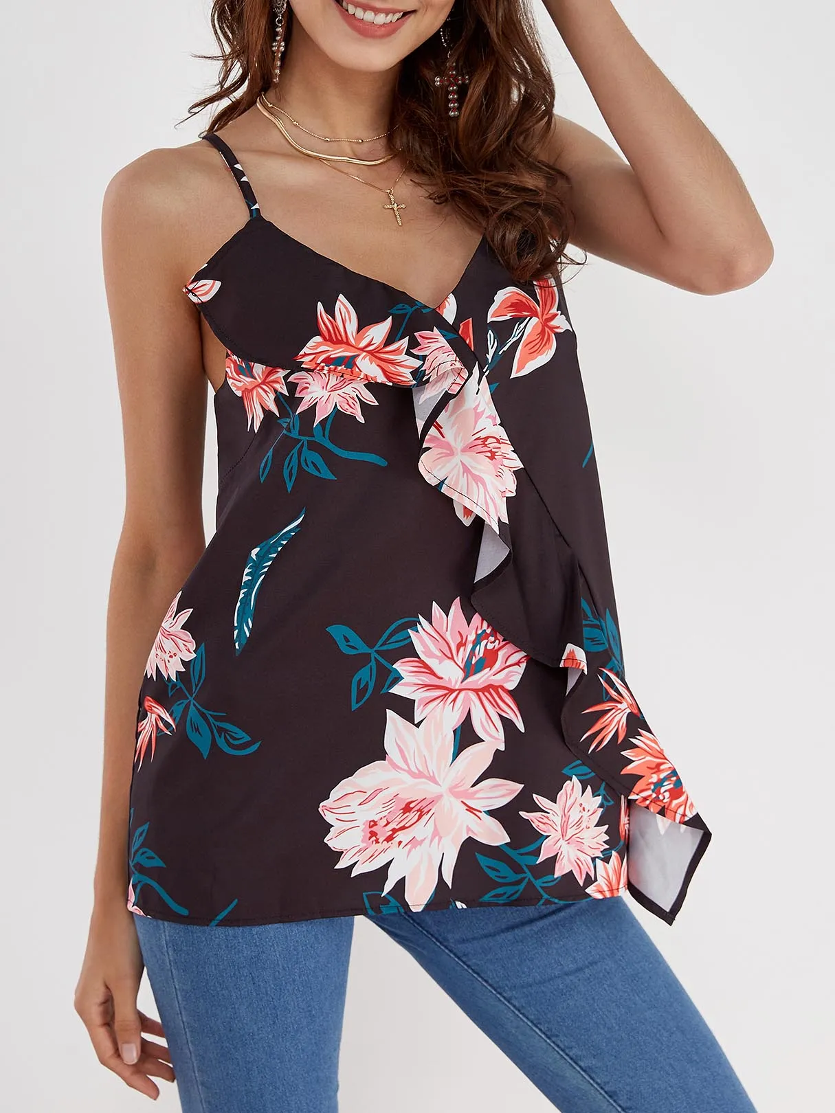 Custom V-Neck Floral Print Sleeveless Black Camis