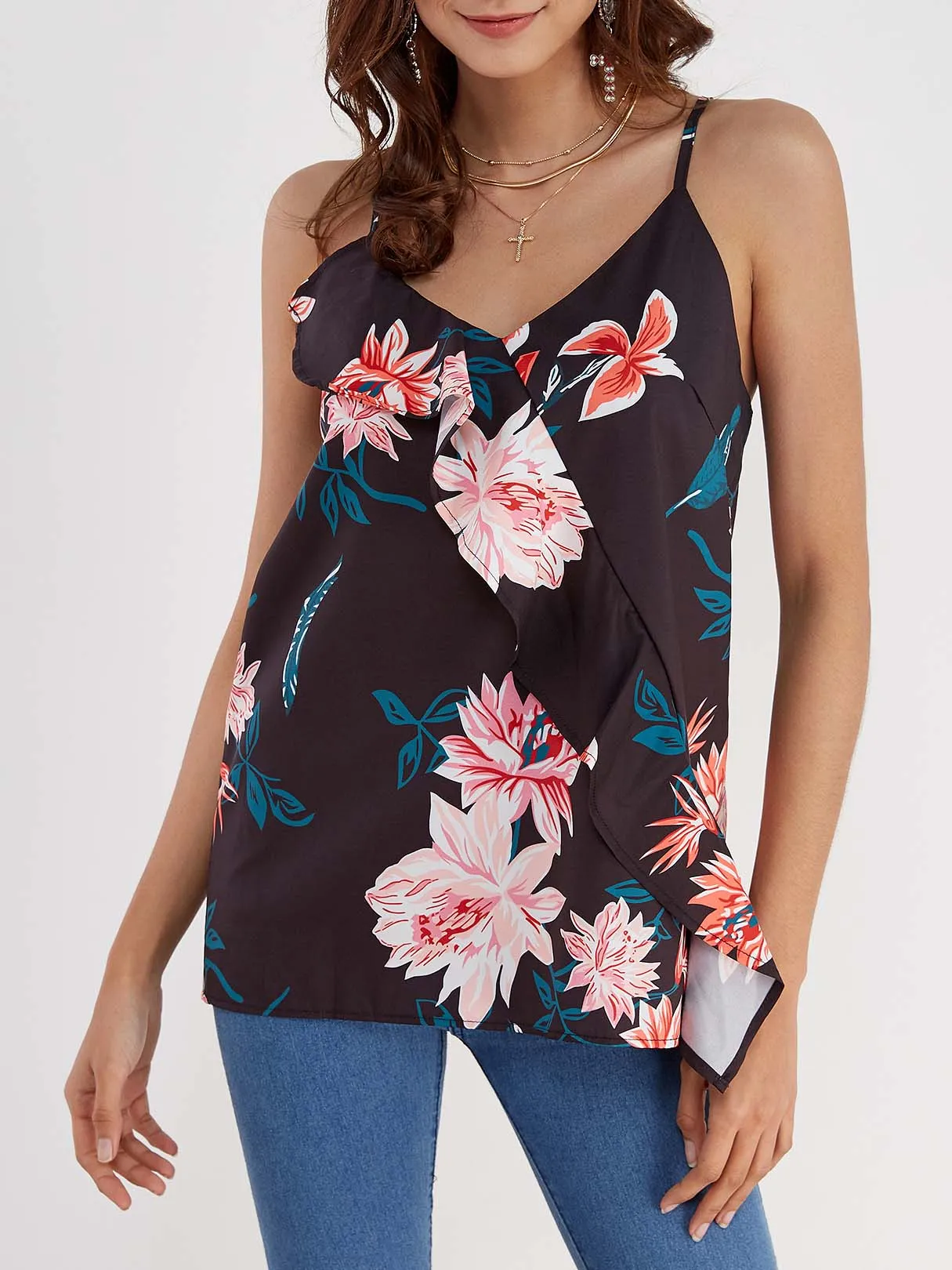 Custom V-Neck Floral Print Sleeveless Black Camis