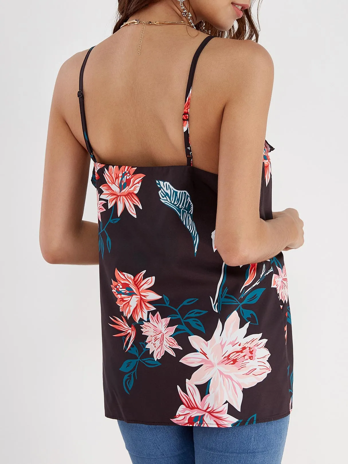 Custom V-Neck Floral Print Sleeveless Black Camis