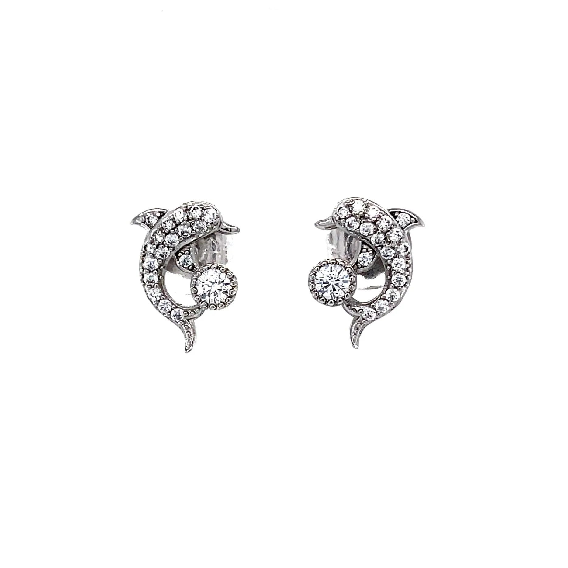 Dolphin Charm Stud Earrings Zirconia stones White Gold filled