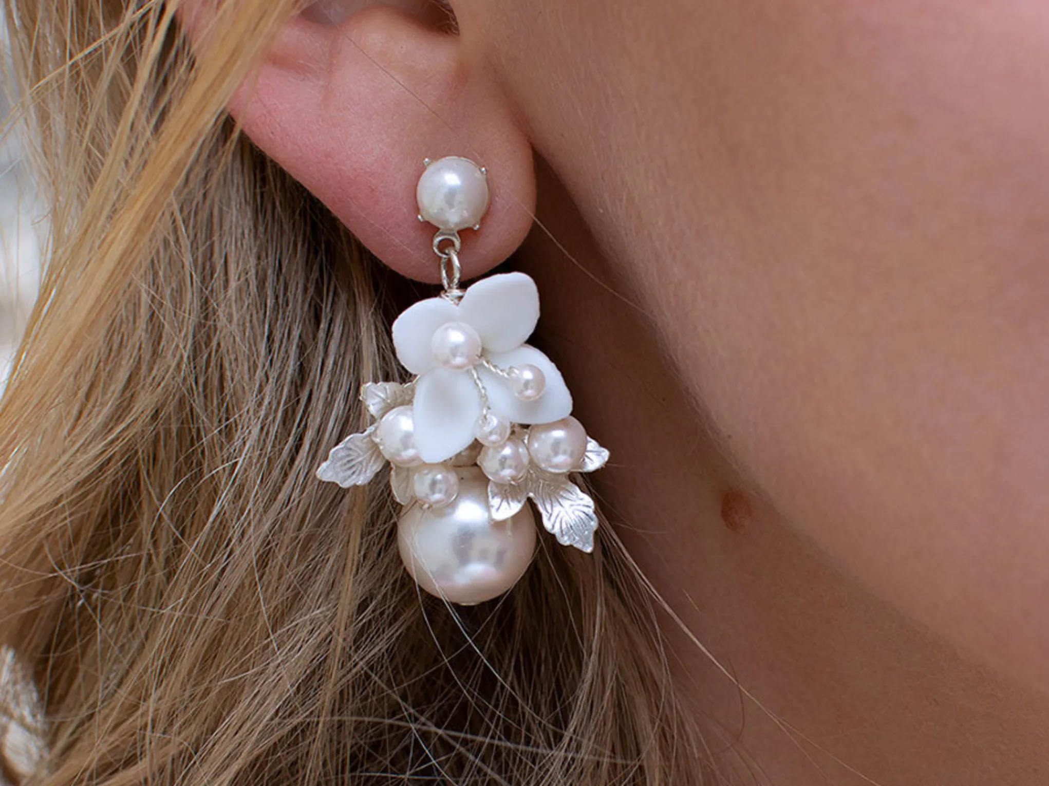 Giselle - Cluster Pearl Flower Bridal Drop Earrings