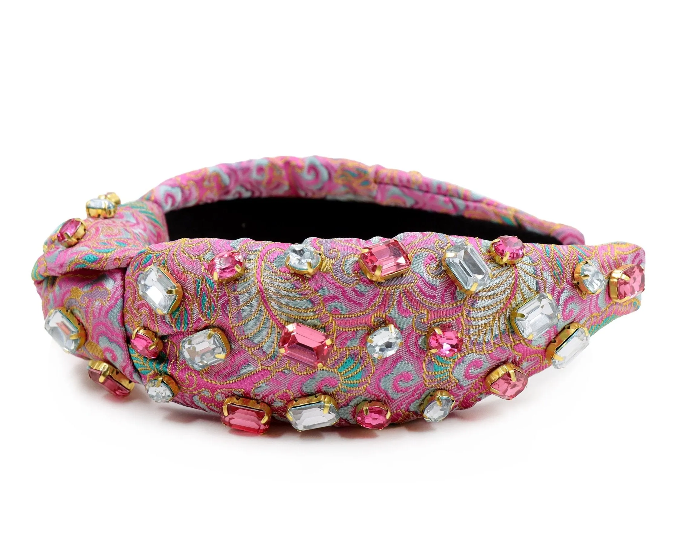 Hand Sewn Pink Jacquard Jeweled Knot Headband