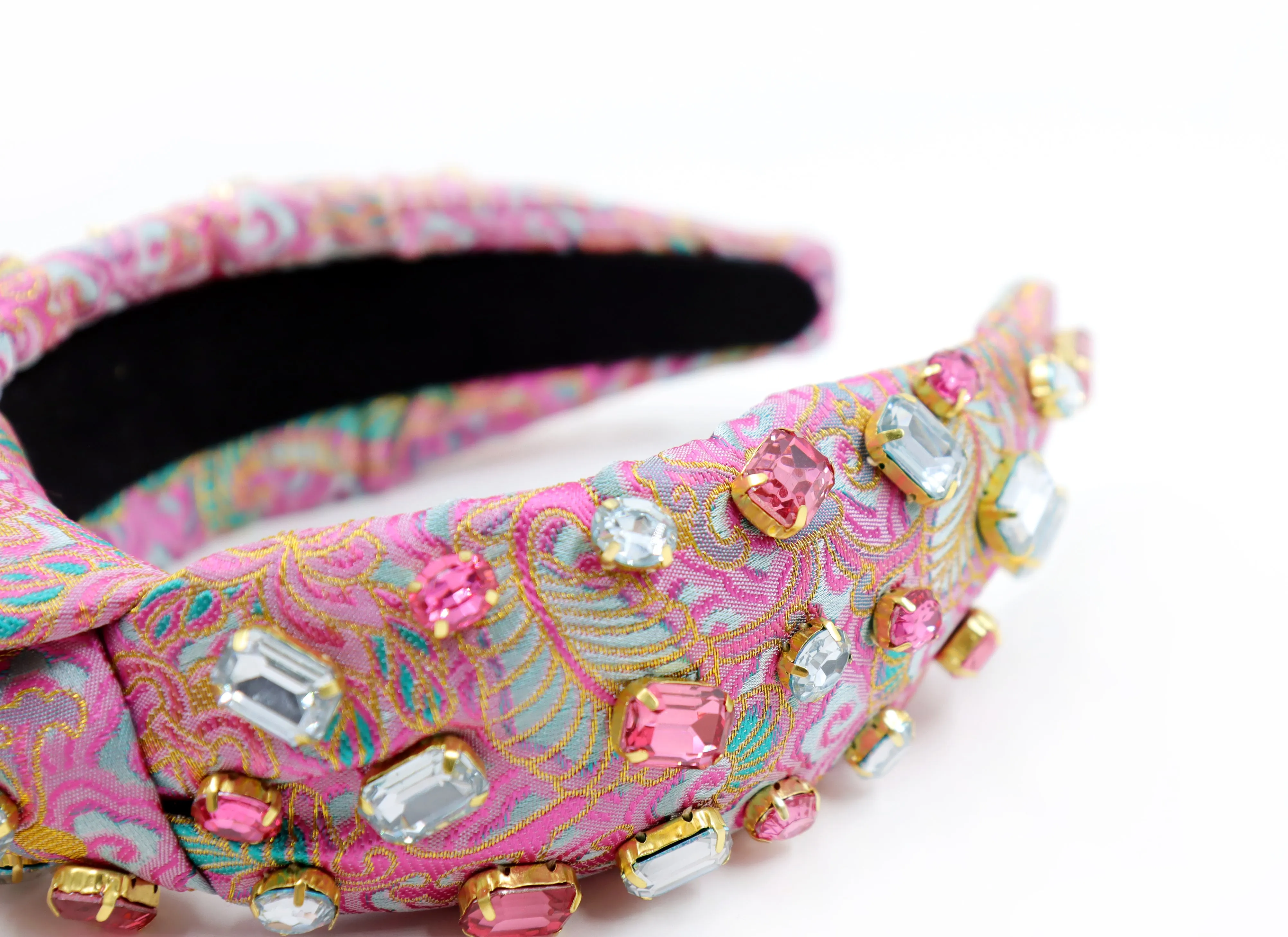 Hand Sewn Pink Jacquard Jeweled Knot Headband