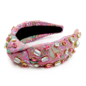 Hand Sewn Pink Jacquard Jeweled Knot Headband