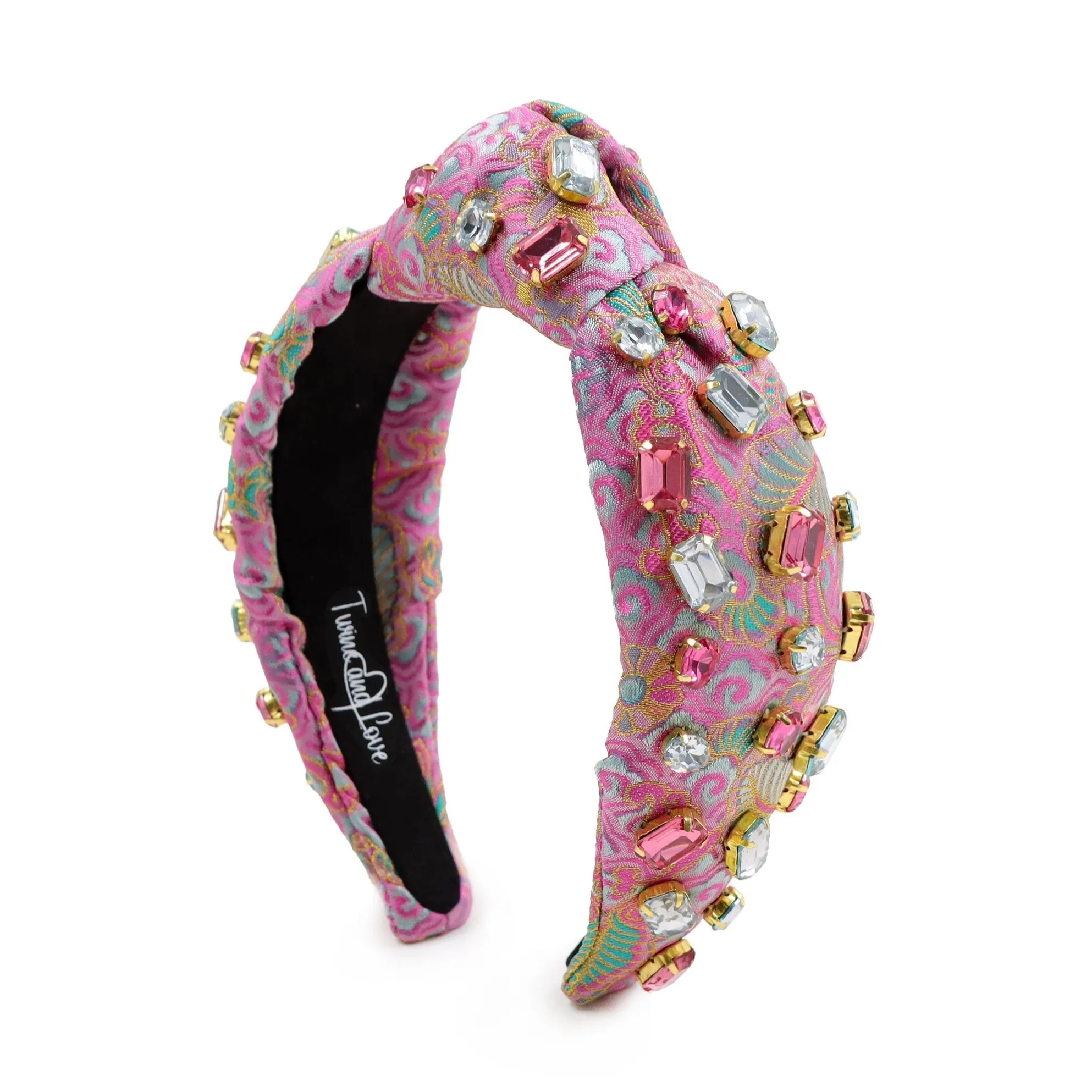 Hand Sewn Pink Jacquard Jeweled Knot Headband