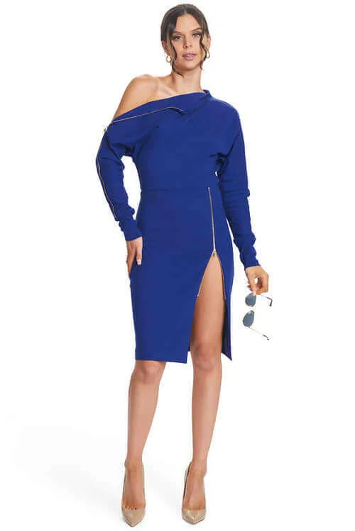 Josefa Asymmetric Dress - Long sleeve convertible midi dress with gold