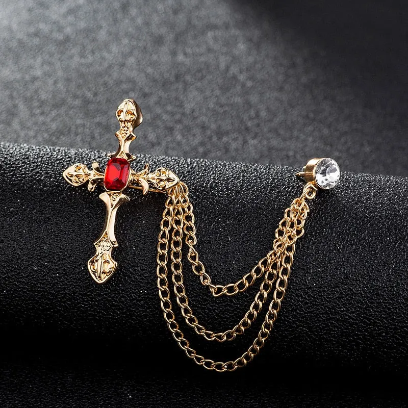 Korean New High-end Metal Cross Brooch Crystal Rhinestone Tassel Chain Lapel Pin Fashion Men