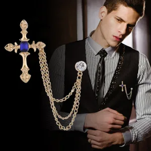 Korean New High-end Metal Cross Brooch Crystal Rhinestone Tassel Chain Lapel Pin Fashion Men