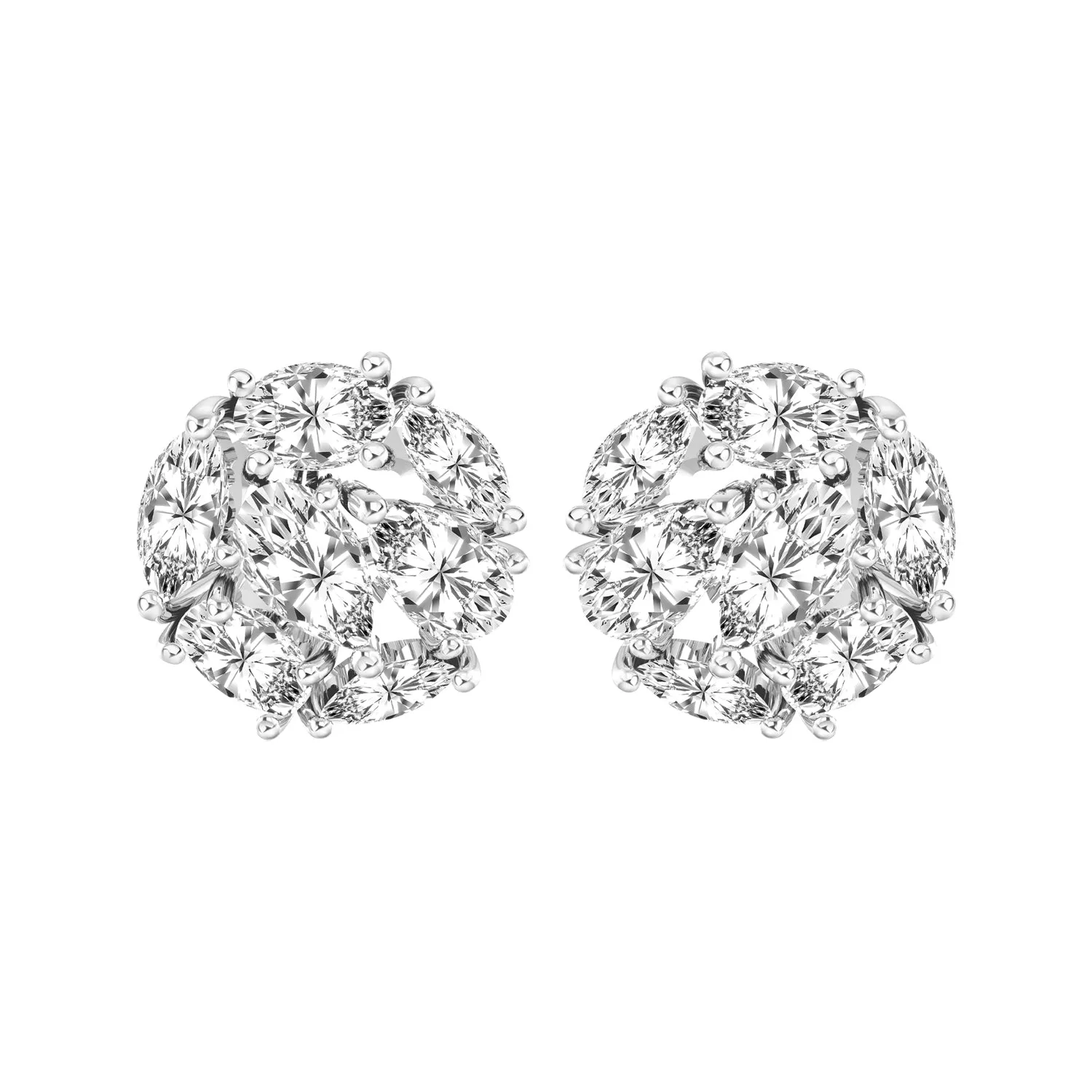 Liberty: Silver rhodium plated with multi cut CZ cluster round shape stud earrings