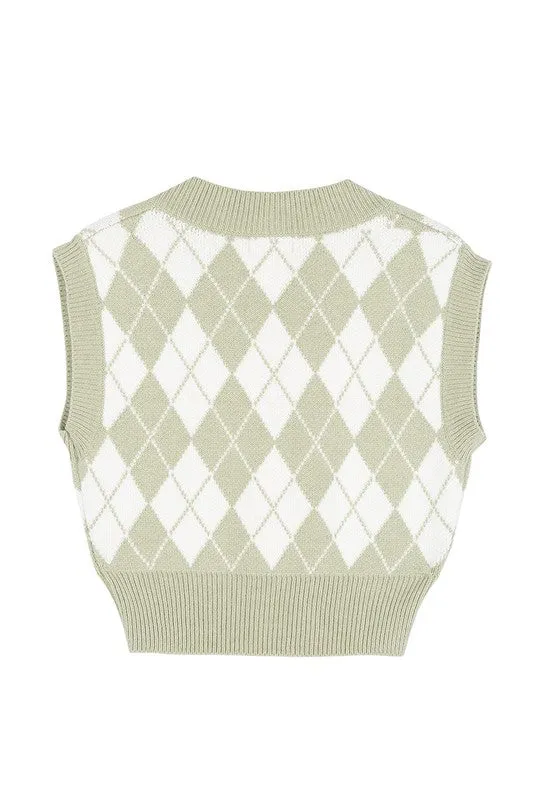 Lilou Green Argyle Yarn Dyed Knit Sweater Vest