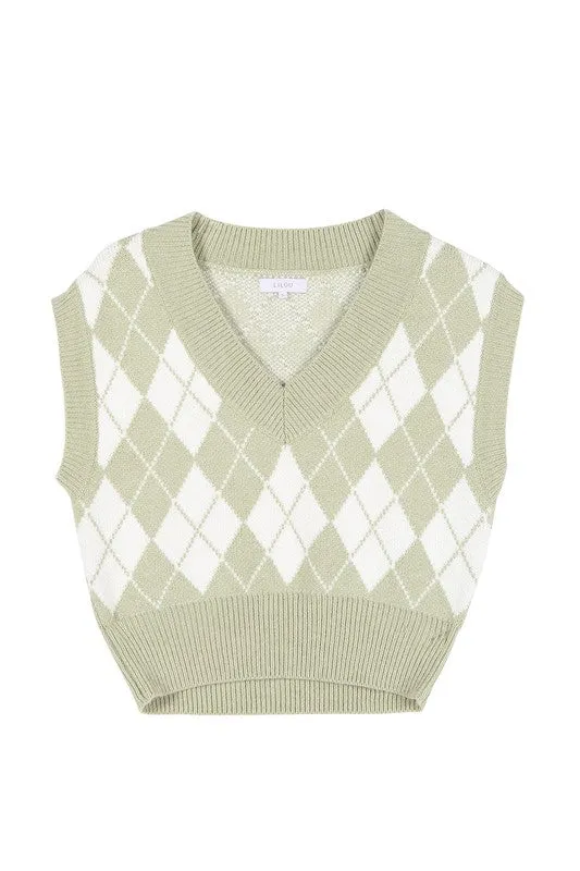 Lilou Green Argyle Yarn Dyed Knit Sweater Vest