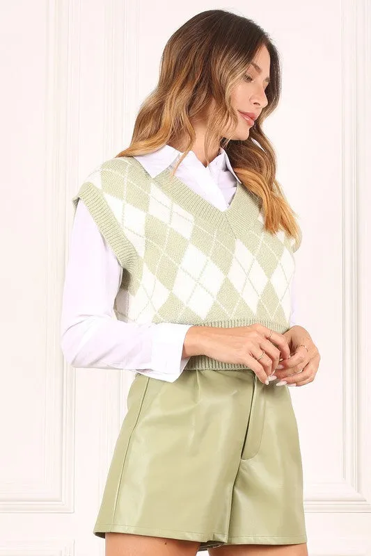 Lilou Green Argyle Yarn Dyed Knit Sweater Vest