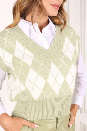 Lilou Green Argyle Yarn Dyed Knit Sweater Vest