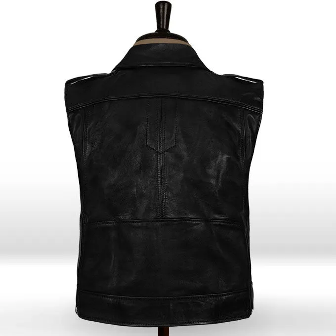 Mens Classic Black Leather Motorcycle Biker Vest