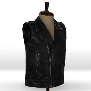 Mens Classic Black Leather Motorcycle Biker Vest